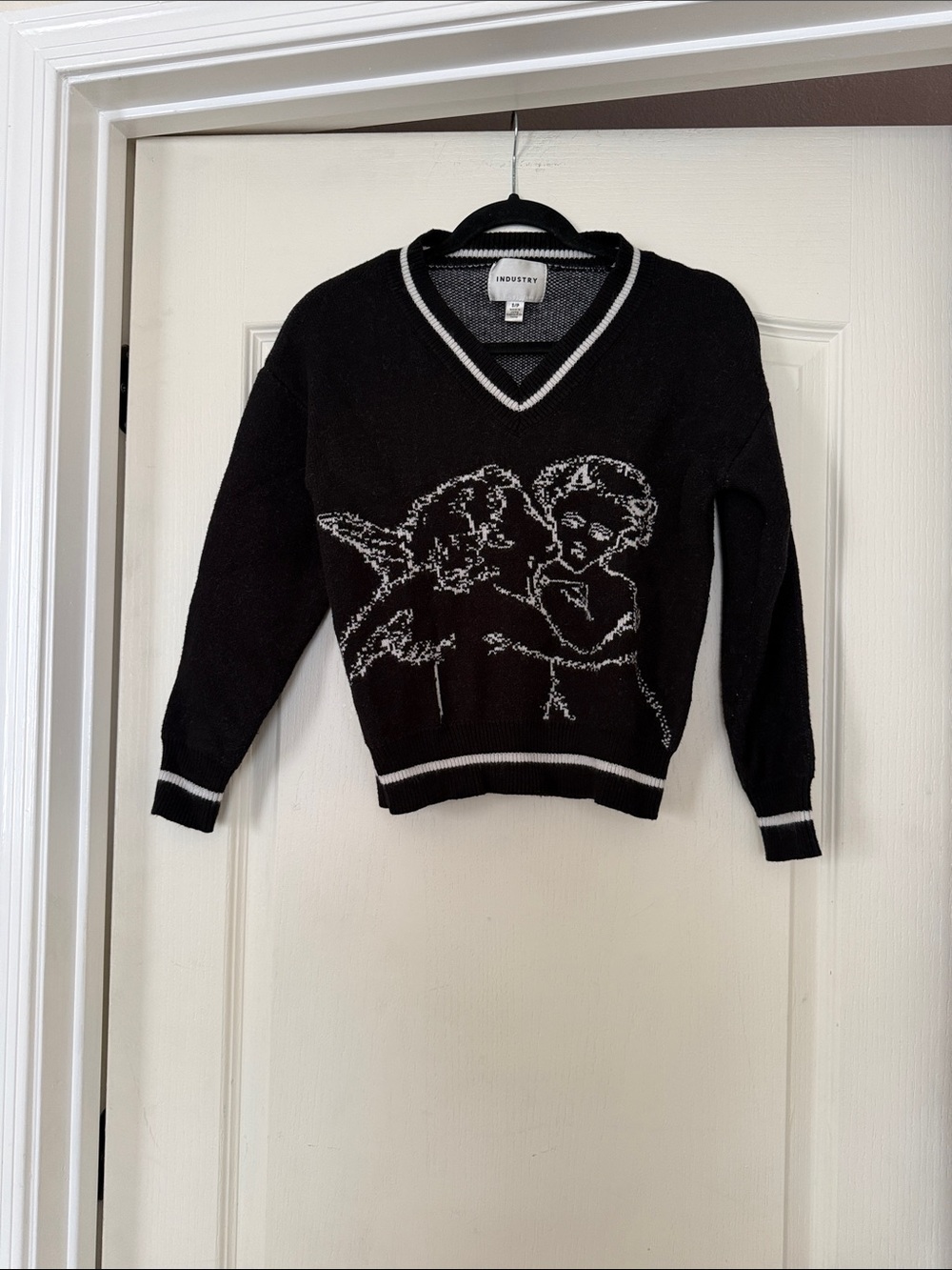 Black V-Neck Sweater with White Cherub Graphic